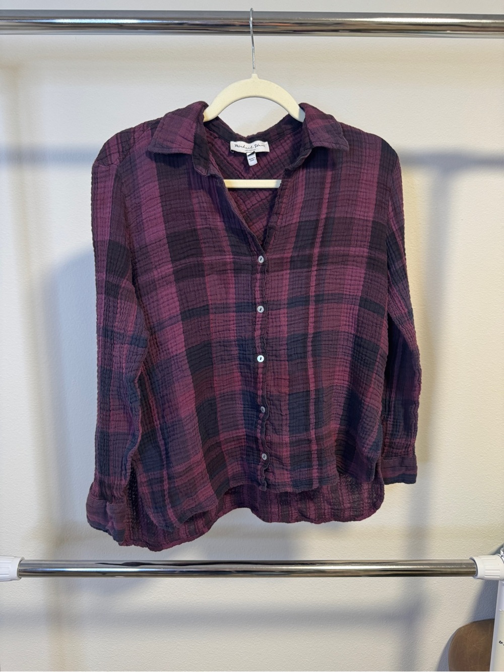 Michael Stars Leo Plaid Crinkle Gauze 100%Cotton Button Down Shirt M PurpleBlack